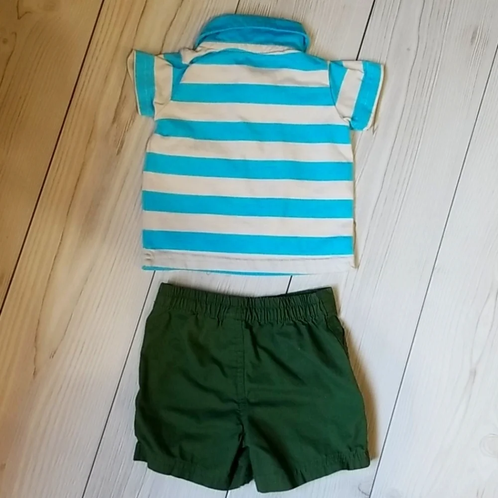 Just one year blue white stripe collared shirt/green short set 3 mo